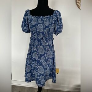 Women’s Blue Floral Smocked Midi Dress with Puff Sleeves